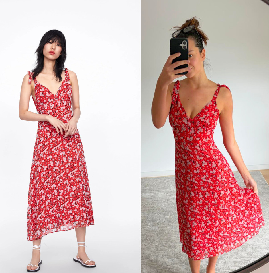 ZARA Red Floral Midi Dress sz S Tie Strap Summer Cottagecore Sundress Cottages