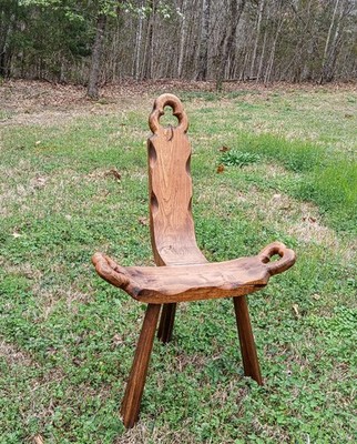 Vintage Wood Birthing Chair, Milking Stool, Hand Carved, Three Legged