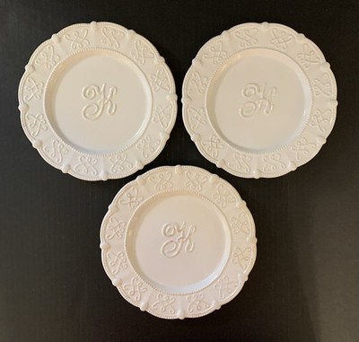 Mud Pie 8-1/2  Plates White Embossed Initial  K'' Set of 3 - New No Box