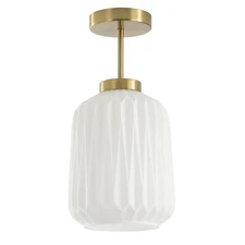 Semi Flush Mount Ceiling Light Mid Century Modern Gold & White Glass Shade fo...