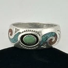Vintage Navajo Sterling Silver Turquoise Inlay Coral Ring Signed ME Size 12