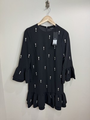 Mint Velvet Embellished Frill Mini Dress Size 8 Black Rhinestone Xmas RRP £185