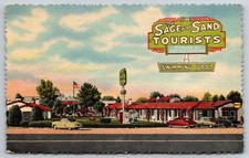 Vintage Sage & Sand Motel Tucson Arizona Linen Postcard US Hwy 80 Cars
