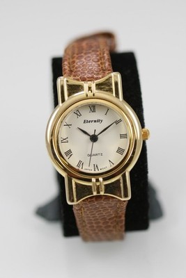 Eternity Damen Uhr Edelstahl Gold Stahl Batterie Braunes Leder Wr Weiß Quarz