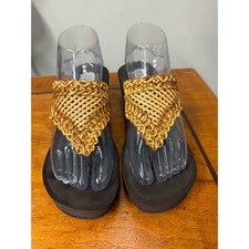 Yellow Box Womens 8 Woven Straw Platform Wedge Thong Sandals Tan Black Boho