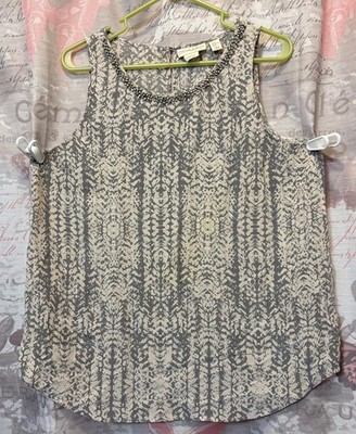 CYNTHIA ROWLEY 100% Silk Sleeveless Blouse Tank Top Gray XL Bling Embellished