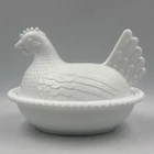 Indiana Glass Vintage White Milk Glass Hen On Nest HON Dish Beaded 7" MCM