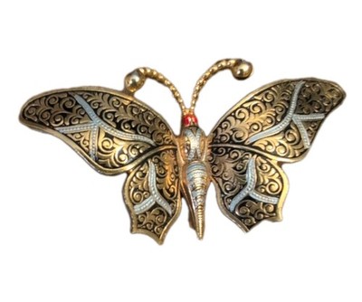 VINTAGE GOLD TONE DAMASCENE ENAMEL BUTTERFLY PIN BROOCH ESTATE MARKED SPAIN