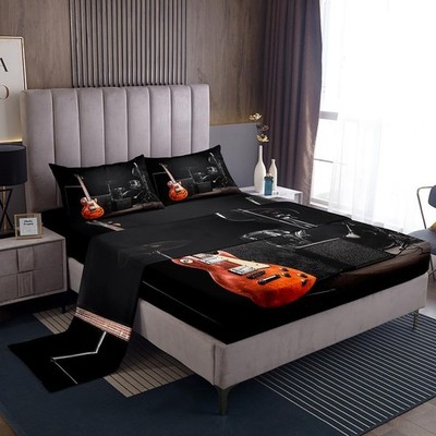 Rock Music Bed Sheet Set King Size 4pcs,Guitar Musical Instrument Bedding Set...