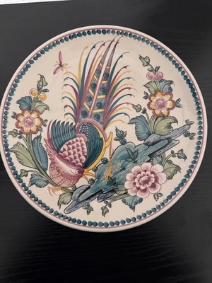 Vintage Cera Gueda Hand Painted Ceramic Peacock Decorative Plate From Portugal