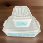 Vintage PYREX 502+503 Amish Butterprint Turquoise Dishes W/LIDS Chip On Lid