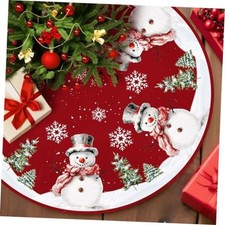 Christmas Tree Skirt 48 Inches Red Xmas Soft Cover Mat Decor Snowman Pattern