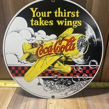 COCA COLA YELLOW AIRPLANE 10" ROUND HEAVY DUTY USA MADE METAL ADVERTISING SIGN