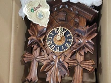 German Black Forest Cuckoo Clock with Five Leaf One Bird 13" Walnut Stain