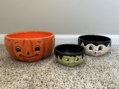 Johanna Parker Halloween Bowls ~ Set Of 3 Pumpkin, Dracula, Frankenstein