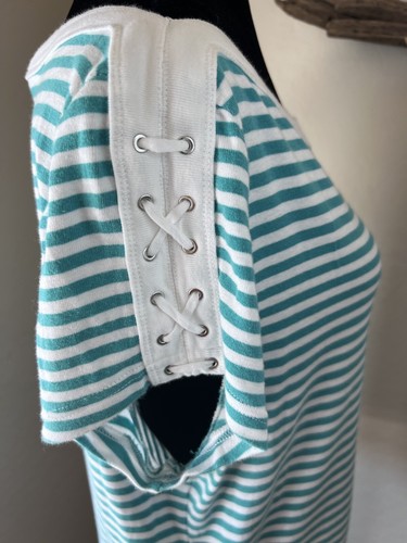 Chaps Women’s Teal/White Striped Cap Sleeve Blouse - Picture 3 of 9