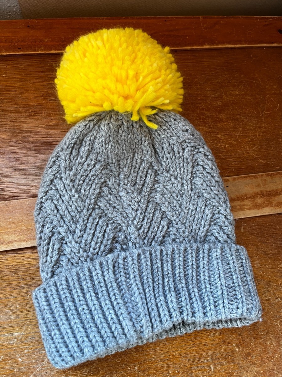 Gray Acrylic Knit w Bright Yellow Large Puff Ball Pom Pom Winter