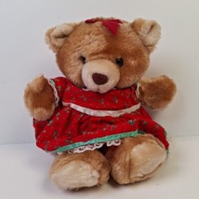 Russ Berrie Holly Bear VTG Plush 11" Stuffed Small Teddy Dress Red Ribbon Bow