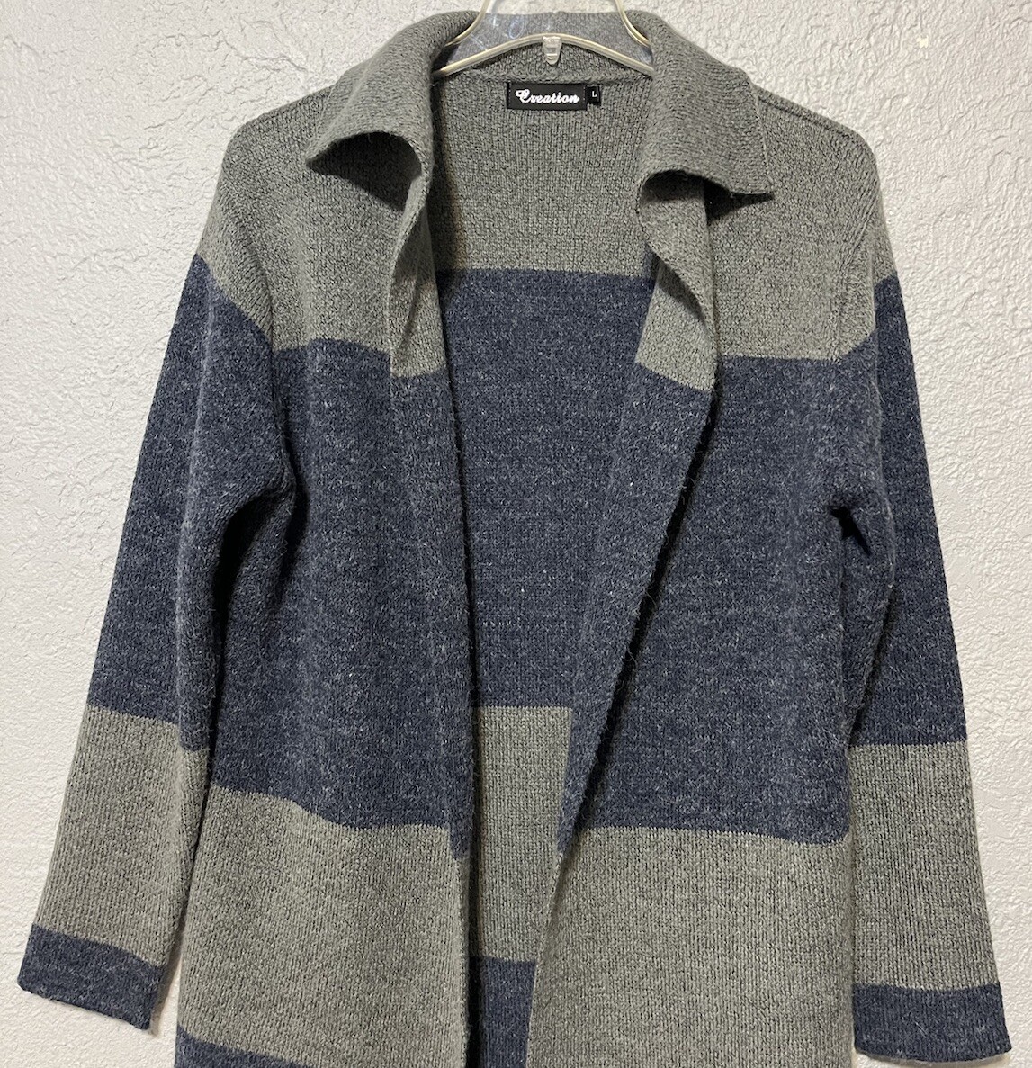 Creation Cardigan Duster Wool Blend Women Large Gray Blue Striped