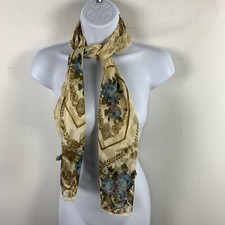 Liz Claiborne Womens Rectangle Scarf Cream Brown Blue Floral Victorian VINTAGE