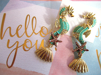 Dangling Multicolor Seahorse Starfish Shells Green Seahorse Crystal Earrings NWT