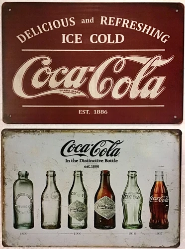 TWO 8x12 TIN SIGNS Coca cola coke bottles evolution famous soda pop drink wall