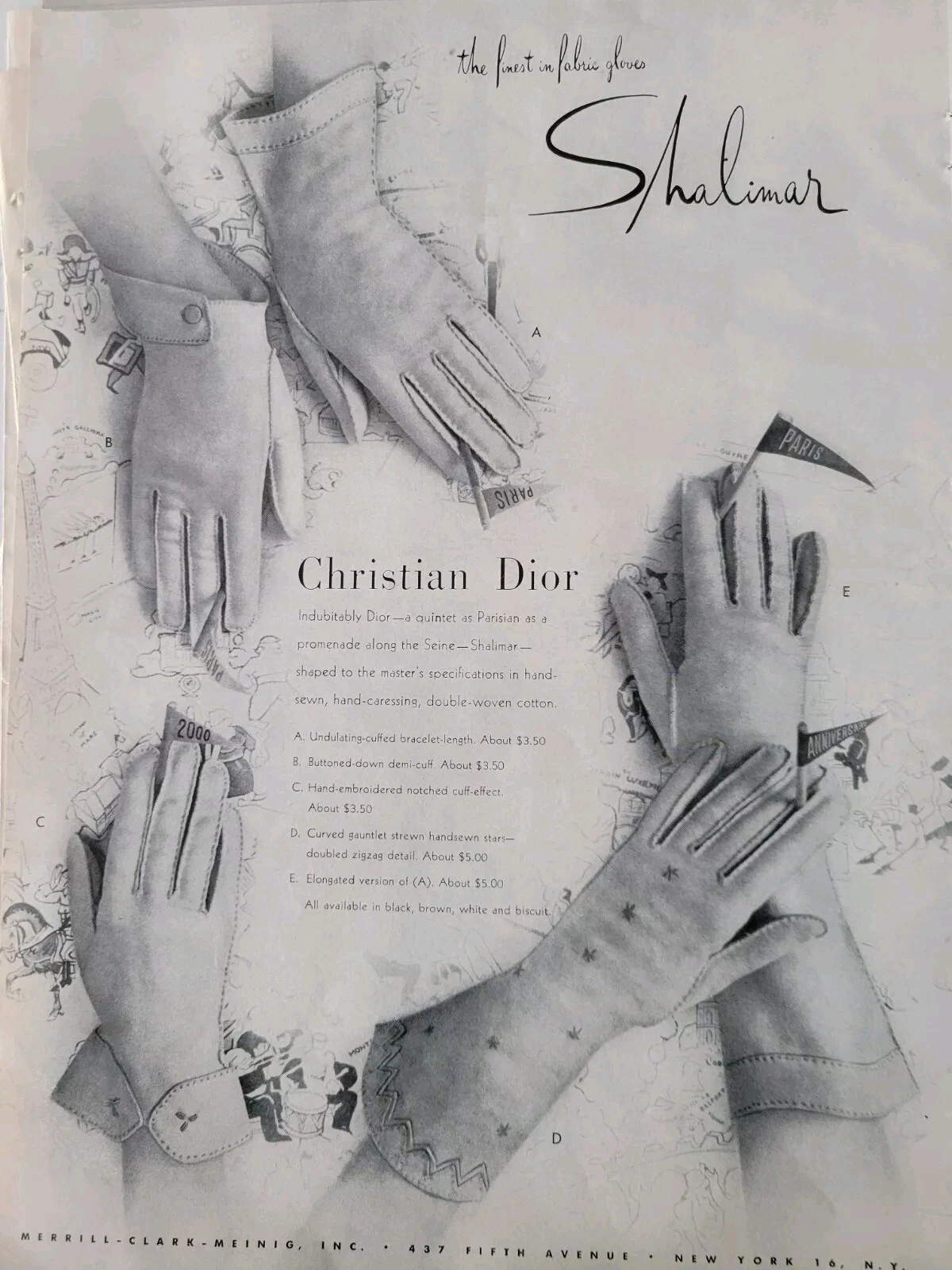 Gants tissu femme Shalimar Christian Dior 1951 cinq style vintage fashion ad 
