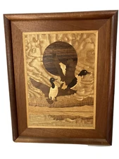 Vintage Marquetry Inlaid Wood -Ducks in Flight- 16”x12” Framed Wall Plaque