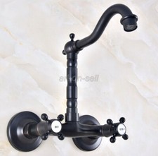 Oil Rubbed Bronze Bathroom Basin Sink Faucet Dual Handles Mixer Tap Wall Mount