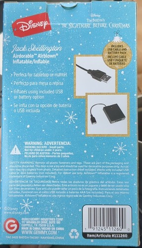 Disney Jack Skellington Inflatable 22” Nightmare Before Christmas USB *NEW** - Picture 2 of 3