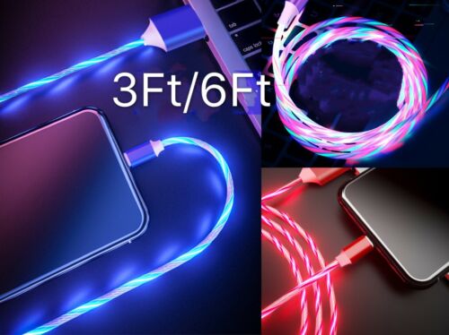 3Ft/6Ft LED Flashing Light-up Charging Cable iPhone 12 11 Pro XR XS MAX 8 7 Plus - Afbeelding 1 van 17