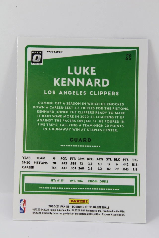 Luke Kennard 2020-21 Optic Fanatics Silver Wave Prizm Refractor Holo Card #65 - Image 3 of 3