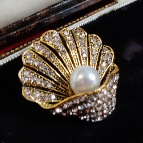 Vintage Art Deco Style Faux Pearl Oyster Clam Shell Brooch Pin Gold ...