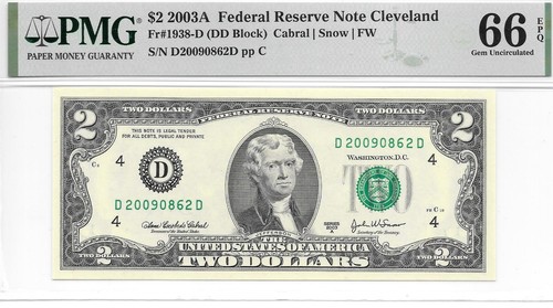 2003A Cleveland $2 FRN Harder to Find DD Block PMG 66 EPQ Gem Uncirculated - Picture 3 of 4