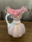 Vintage Fenton Peach Crest Melon Handle Jug Pitcher Silver Crest Ruffled Pre1970