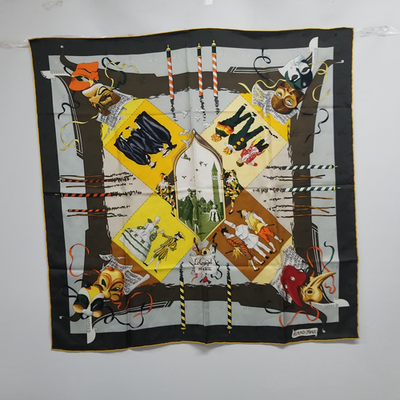 HERMES Carre 90 Large Scarf 100% Silk Le Carnaval De Venise Brown