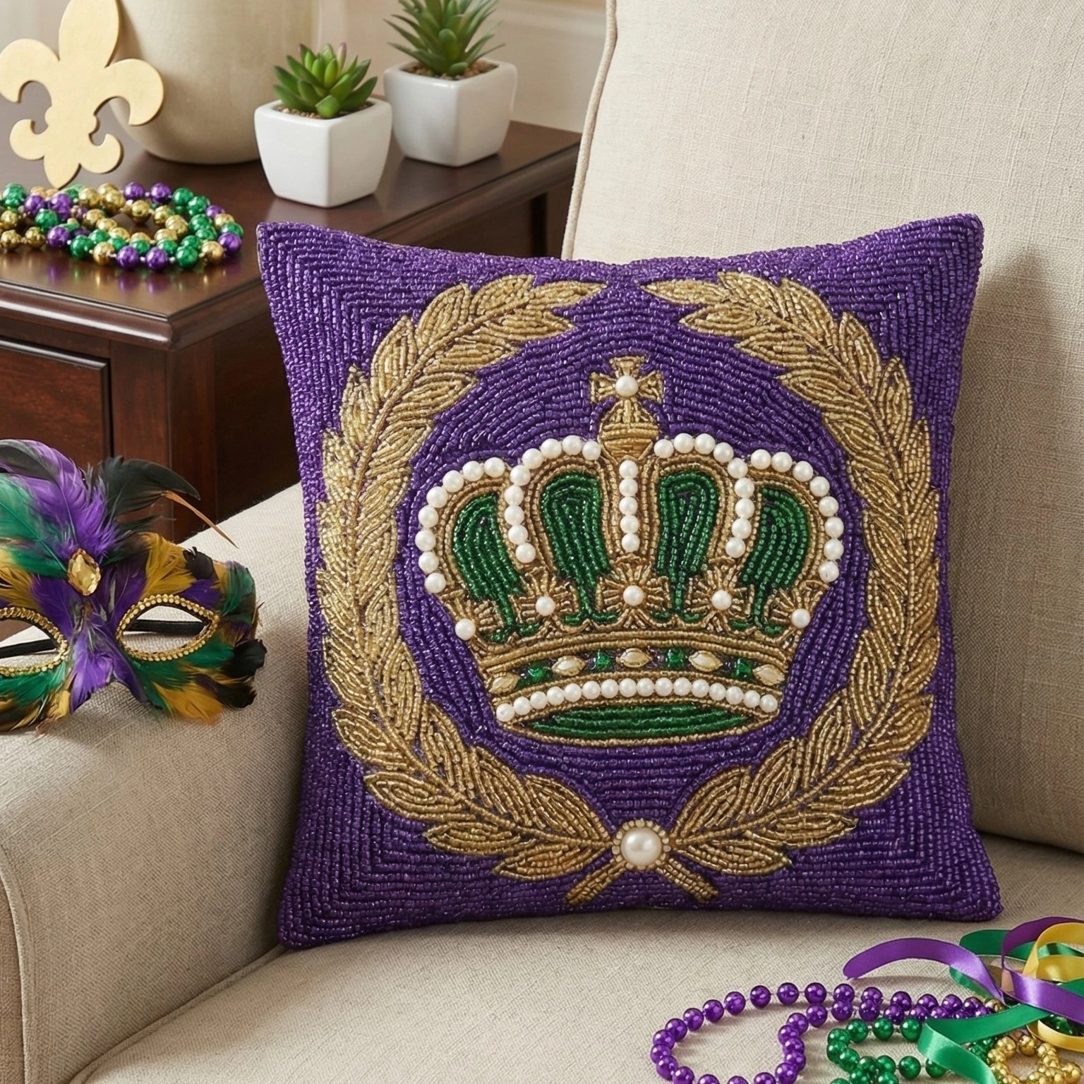 Mardi Gras Beaded Crown Throw Pillow Cover 16x16 18x18 20x20 inches - Purple
Opens in a new window o