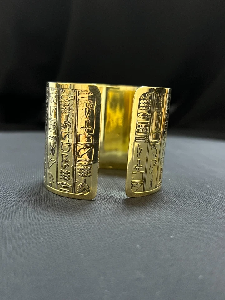 Gold Egyptian Hieroglyphic Cuff Bracelet | Wide Pharaoh-Inspired Bangle - Image 2 of 4