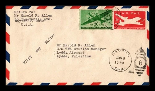 Dr Jim Stamps Air Mail Cover First Day Flight Dayton 1947 to Palestine
