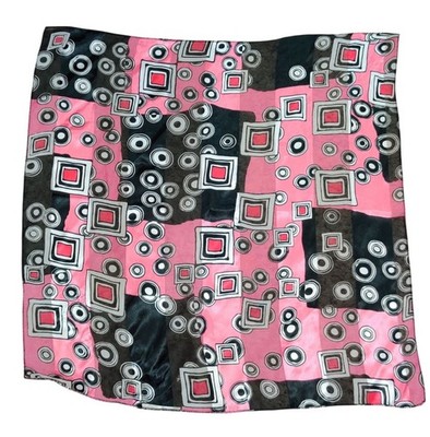 Womens Scarf Pink Black Geometric Print Lightweight Sheer Square Mod Retro Chic