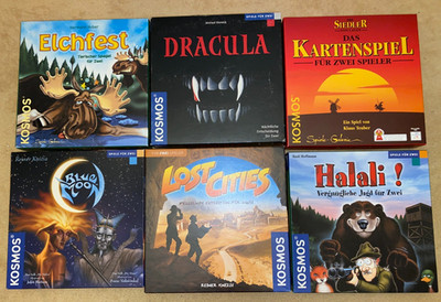 6x KOSMOS ''SPIELE FÜR ZWEI'' -  LOST Cities, Blue Moon, DRACULA, Elchfest, Halali