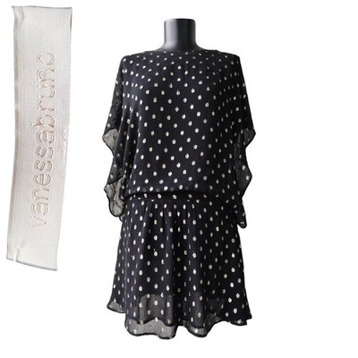 Vanessa Bruno Kleid Tunika schwarz gepunktet Plissee Chiffon Viskose Größe 40/L
