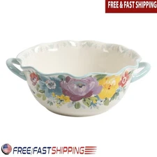 Ceramic Serving Bowl W/ Handles Floral Design Scalloped Edges Microwave Safe New