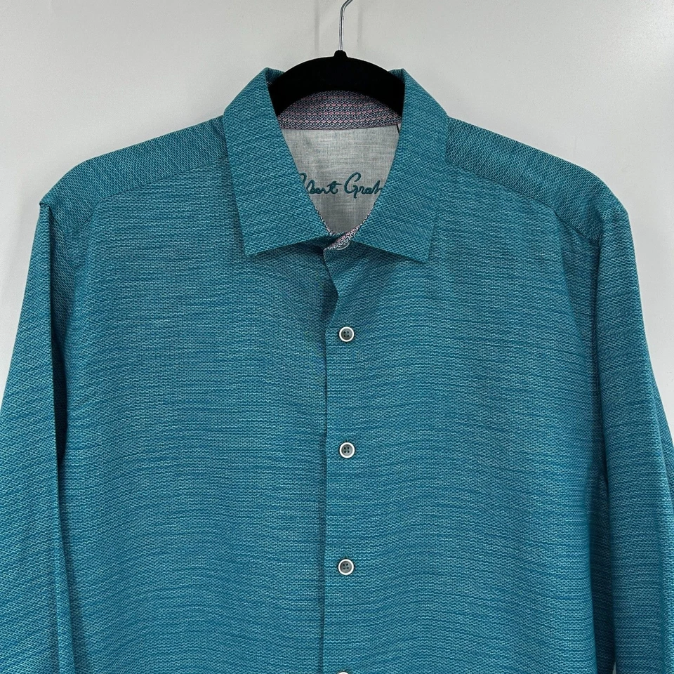 Camisa para hombre ROBERT GRAHAM azul verdoso Brixton lino manga larga abotonada mediana Foto 3 de 4