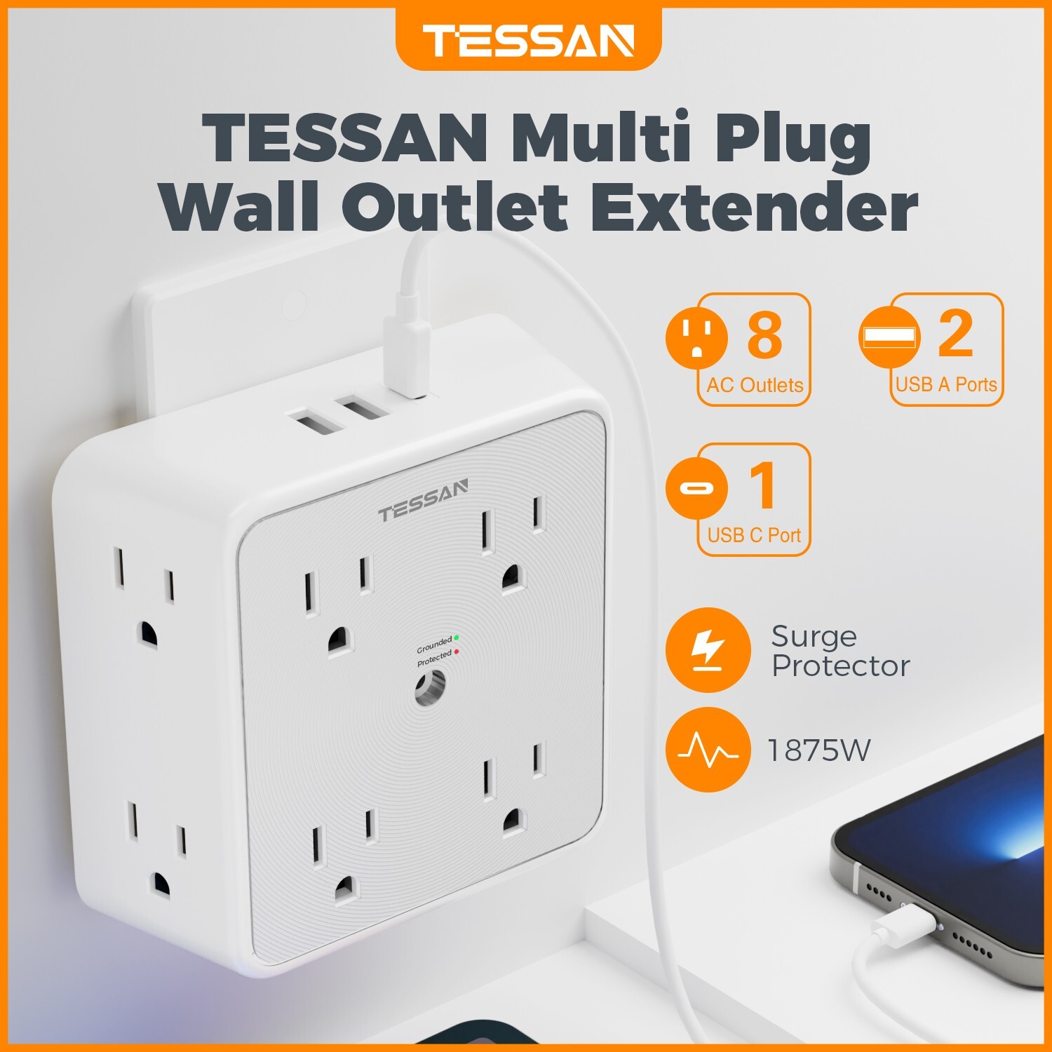 Surge Protector  Wall Outlet Extender 8 Outlet 3 USB Wall Charger (1 USB C Port)-image