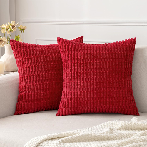 Pack of 2 Red Corduroy Decorative Pillow Covers 18X18 Inch Soft Boho Striped Thr