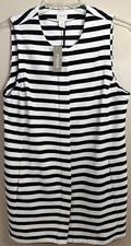 Chico's Black  White Stripe Sleeveless Cardigan Zip Vest Jacket W/ Pkts size 1