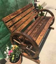 Rustic Wooden Garden Bench 2 Seater Wagon Wheel Armrests Outdoor Patio Seat