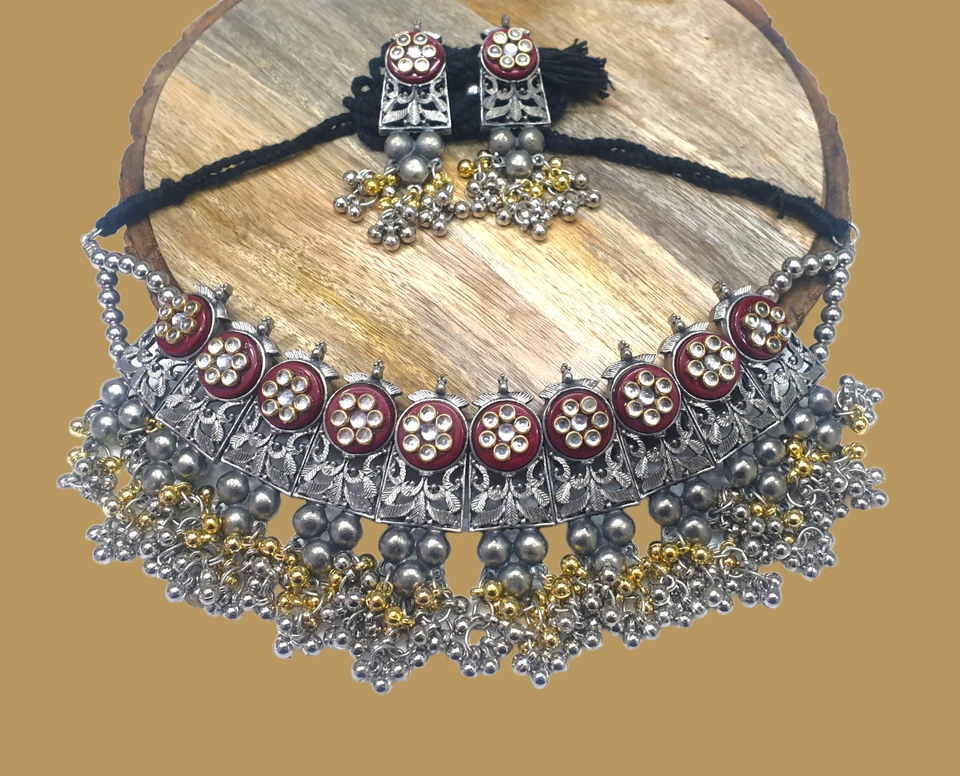 Fina plata alemana oxidada, kundan n redondo piedra kundan conjunto collar cuentas Foto 3 de 4