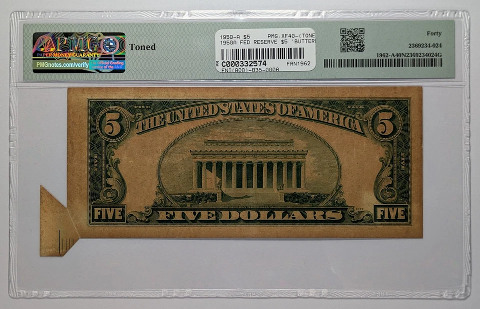 1950A $5 Toned Federal Reserve Note Boston PMG XF 40 NET Butterfly Fold Error - Image 2 of 3